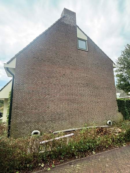 Bruine zijgevel met schoorsteen